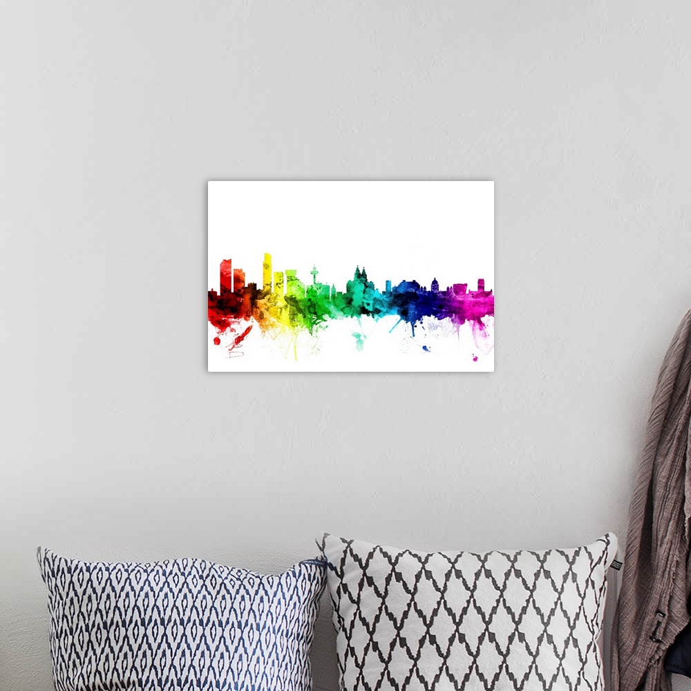 A bohemian room featuring Watercolor art print of the skyline of Liverpool, England.