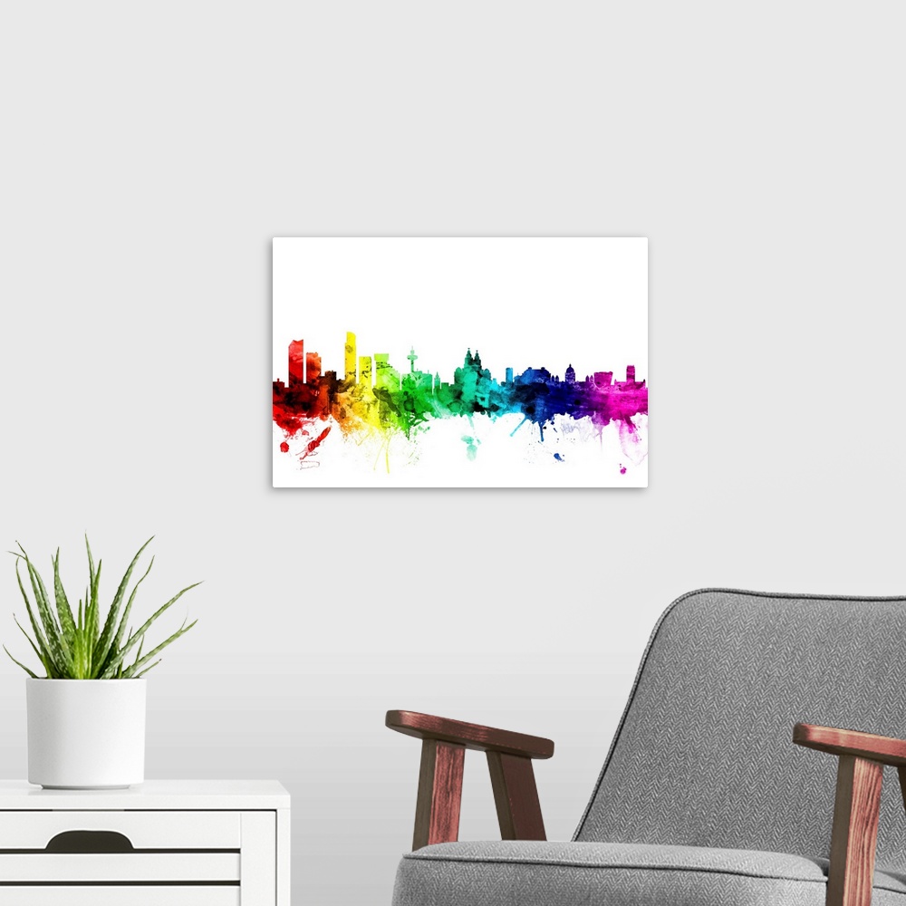A modern room featuring Watercolor art print of the skyline of Liverpool, England.