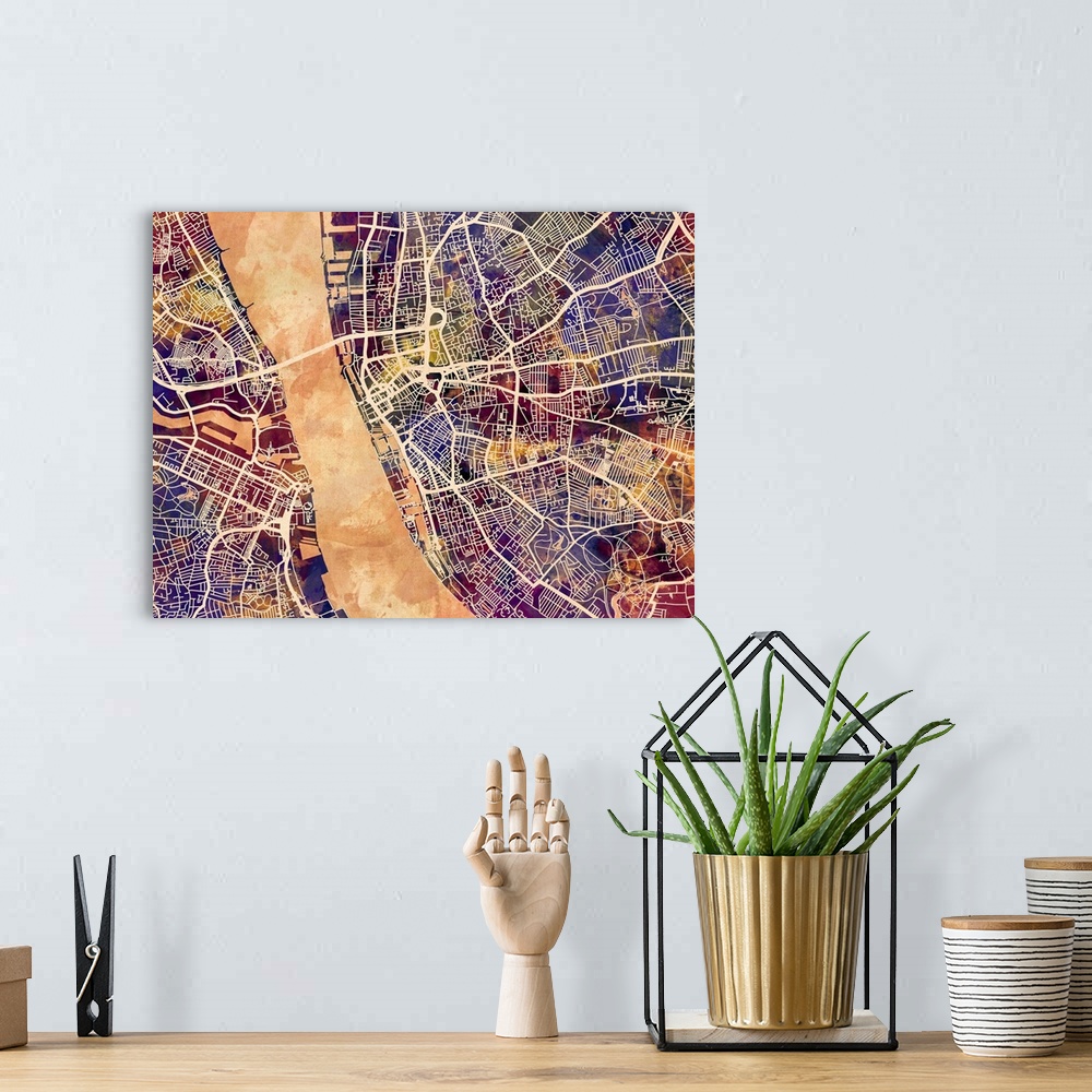 A bohemian room featuring Contemporary watercolor city street map of Liverpool.