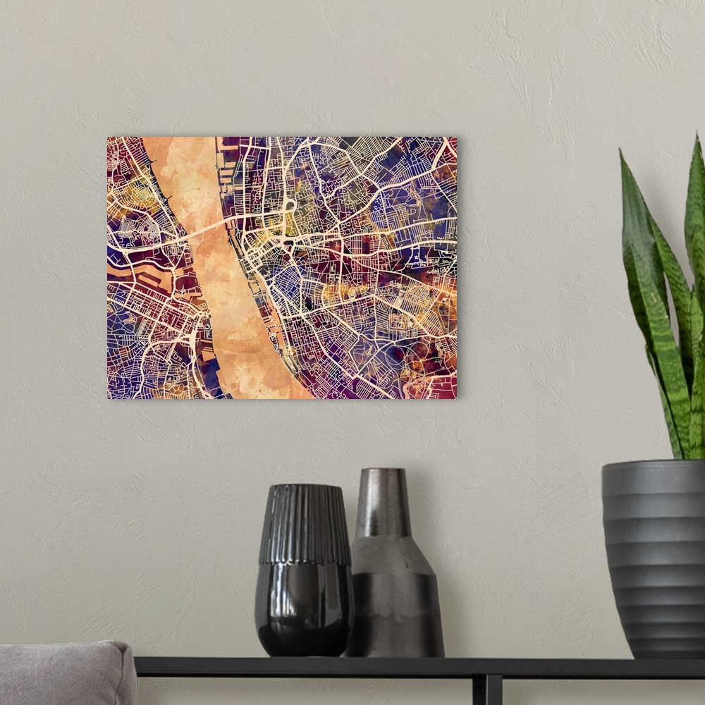 A modern room featuring Contemporary watercolor city street map of Liverpool.