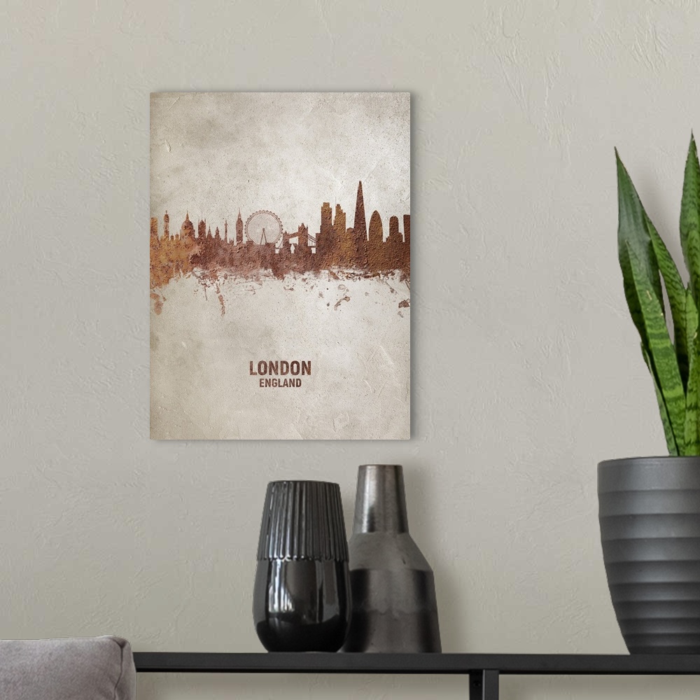 A modern room featuring Art print of the skyline of the City of London, England. Rust on concrete.