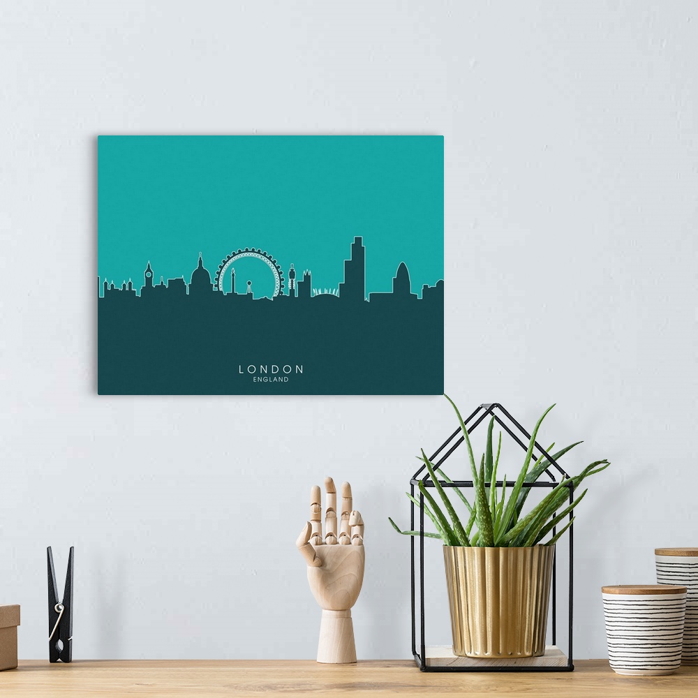 A bohemian room featuring Contemporary artwork of the London skyline silhouetted in teal.