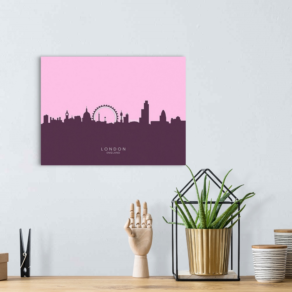 A bohemian room featuring Contemporary artwork of the London skyline silhouetted in purple.