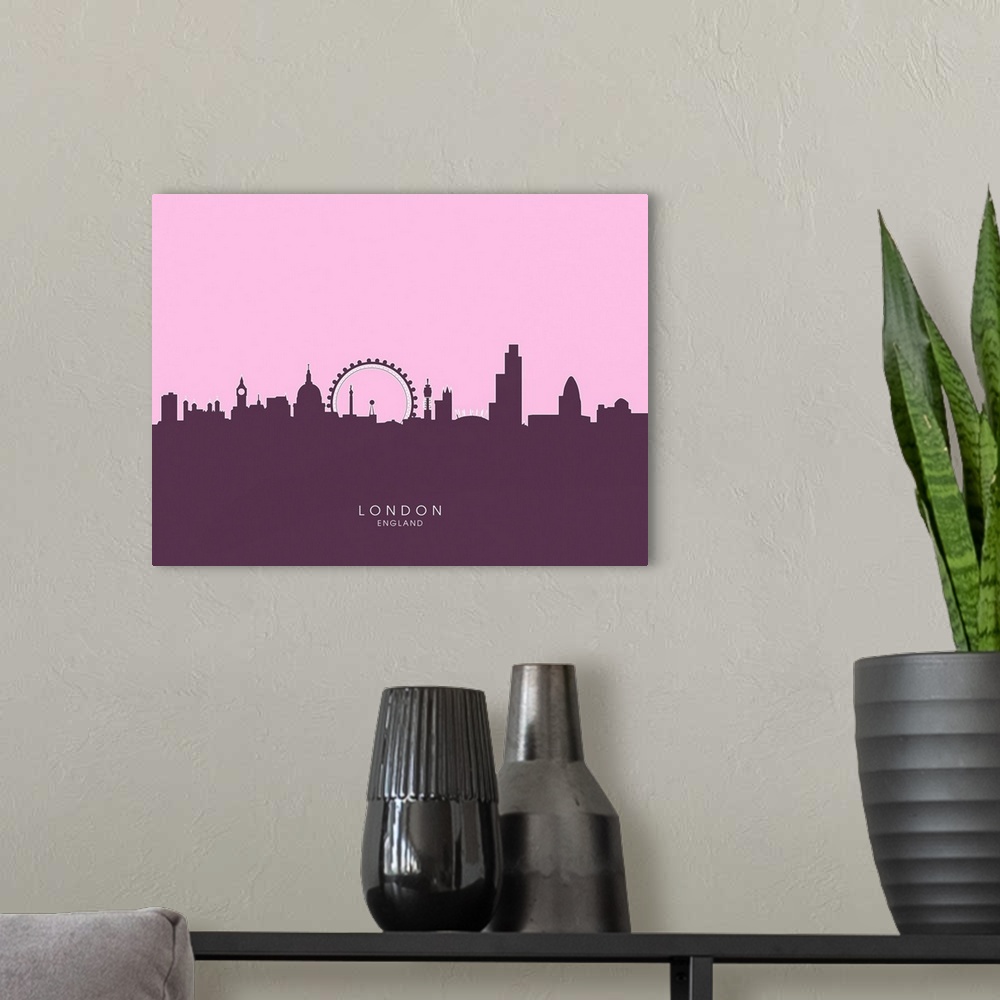 A modern room featuring Contemporary artwork of the London skyline silhouetted in purple.
