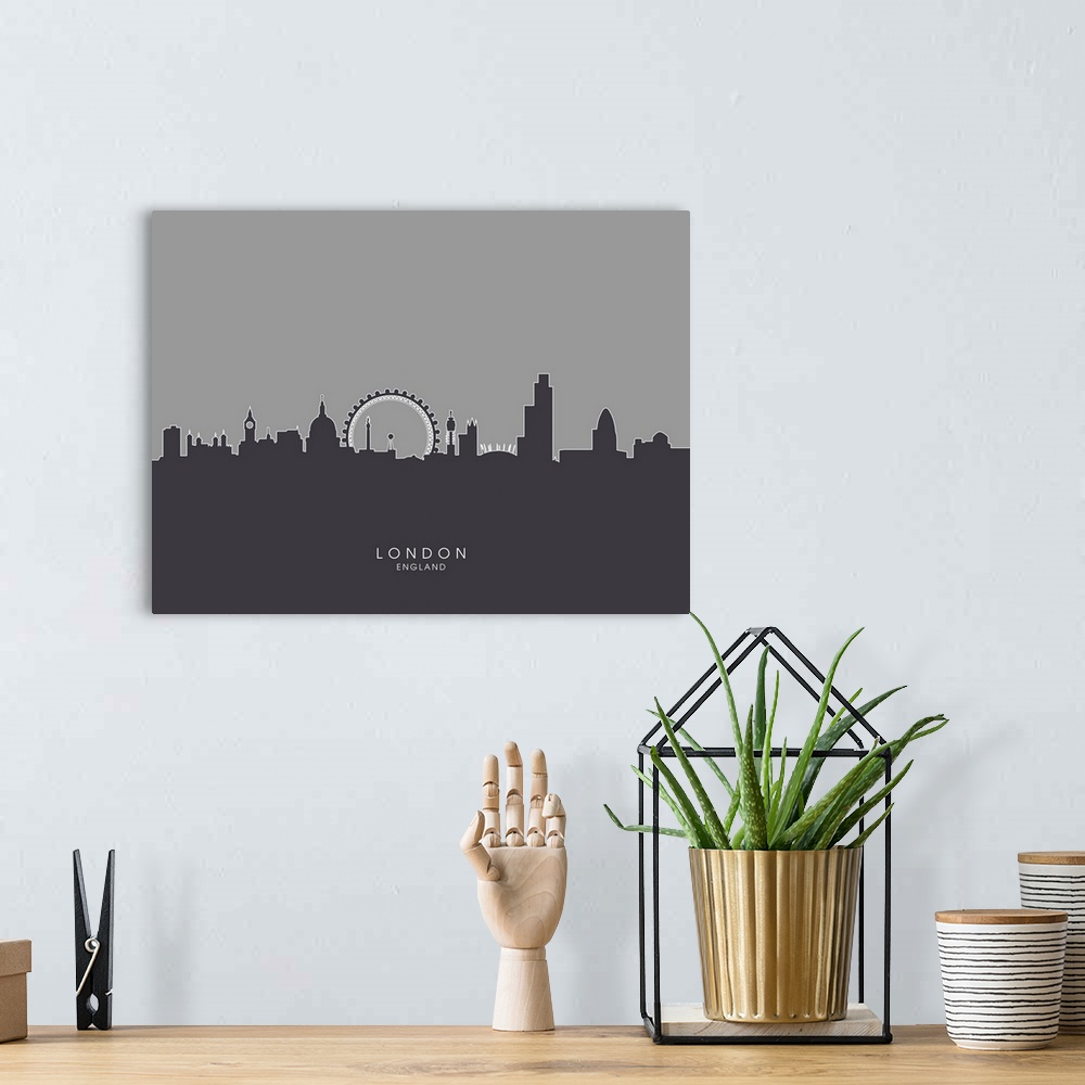 A bohemian room featuring Contemporary artwork of the London skyline silhouetted in dark gray.