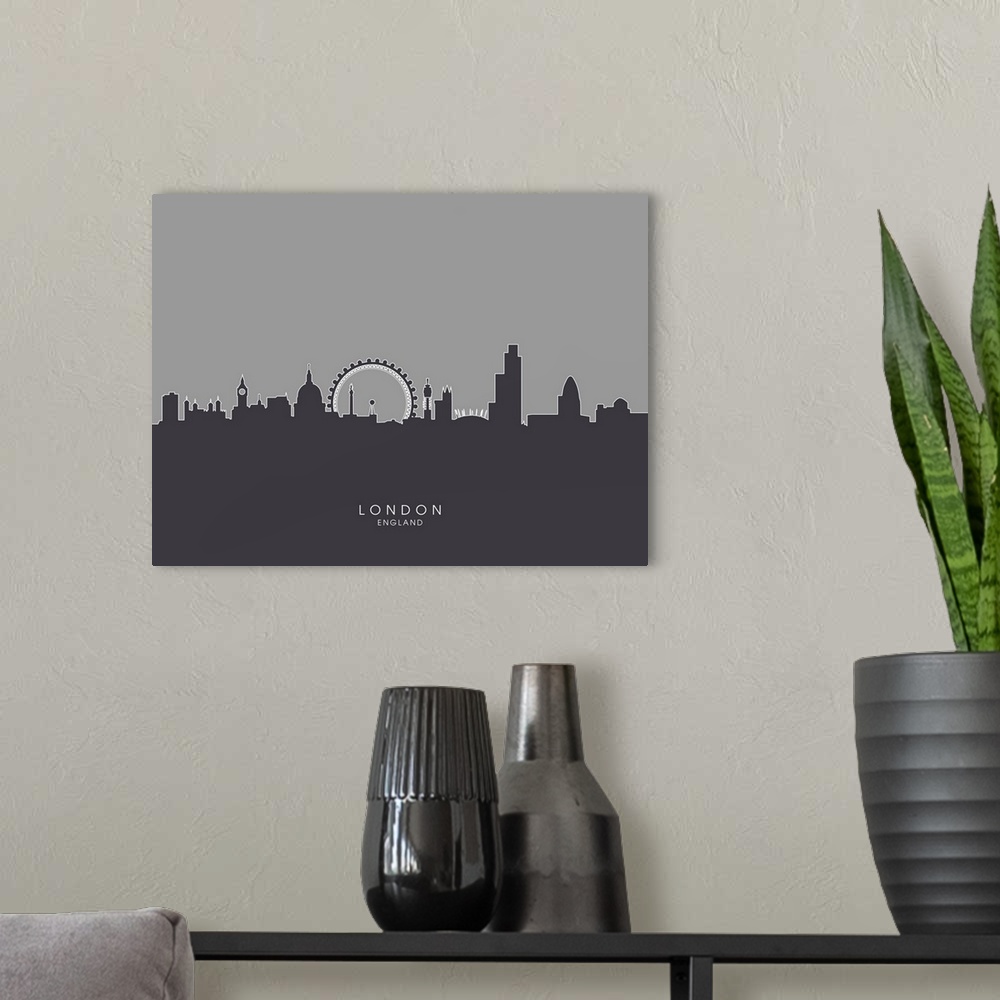 A modern room featuring Contemporary artwork of the London skyline silhouetted in dark gray.