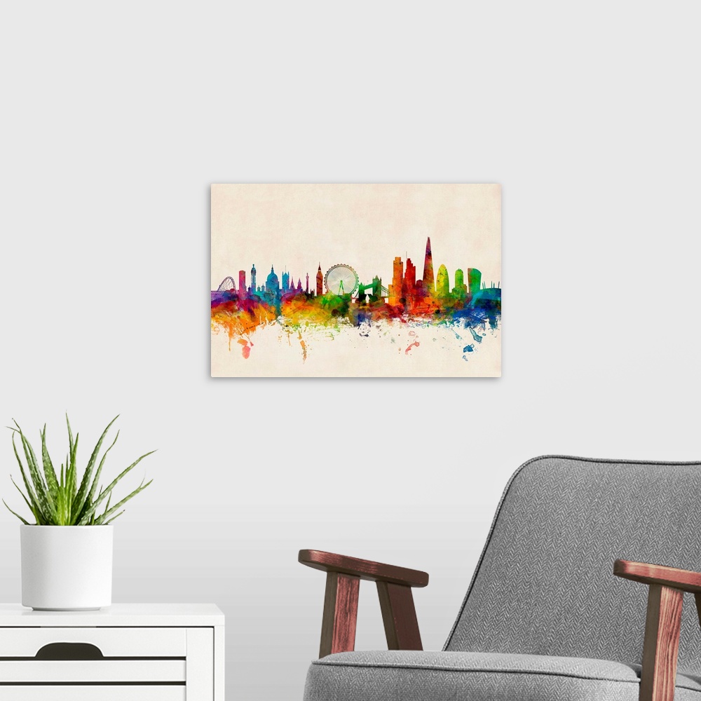 A modern room featuring Contemporary piece of artwork of the London, England skyline made of colorful paint splashes.