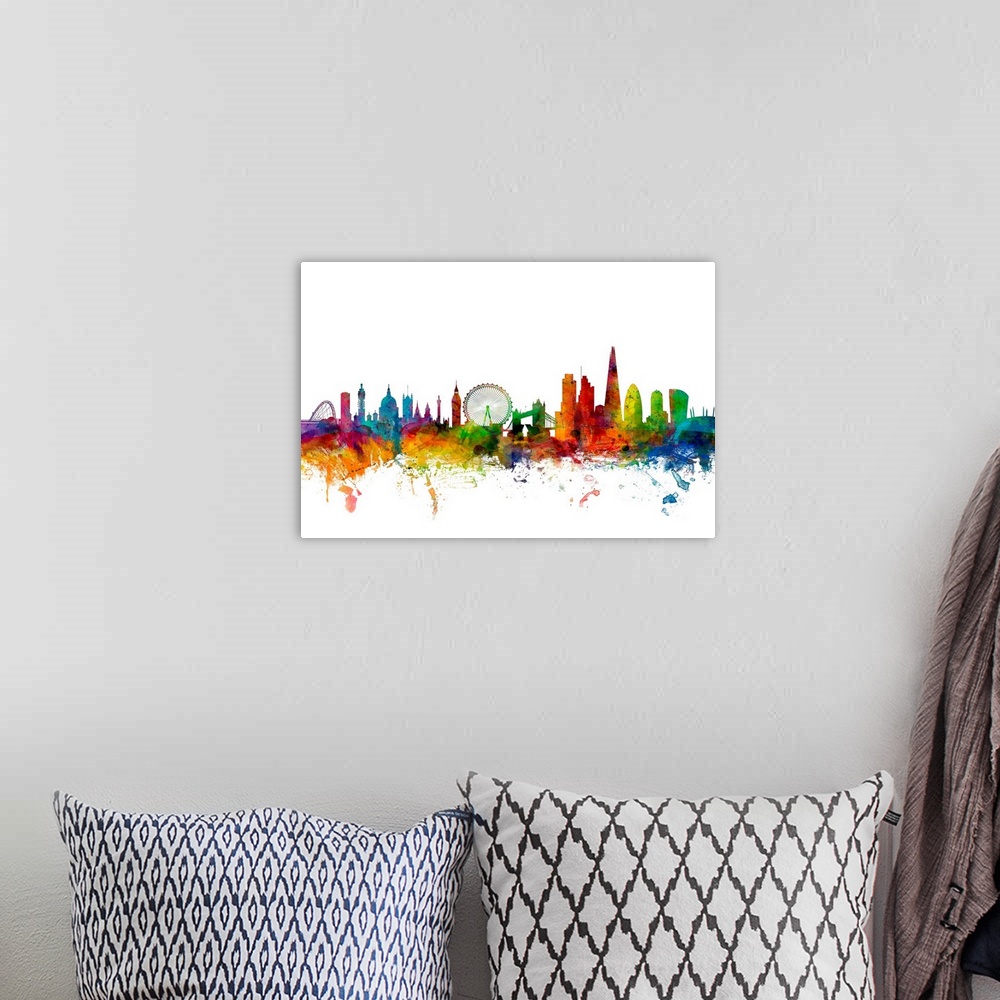 A bohemian room featuring Contemporary piece of artwork of the London, England skyline made of colorful paint splashes.