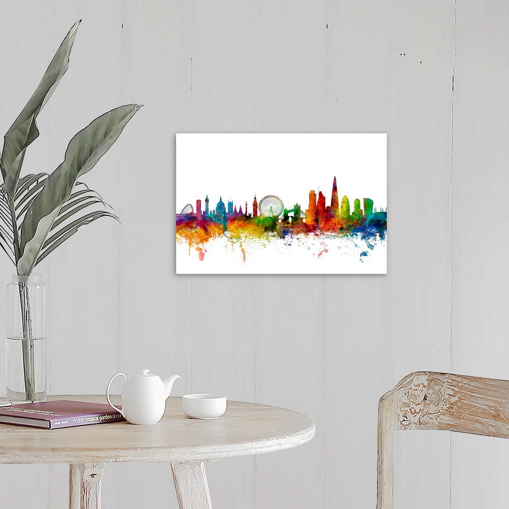 A farmhouse room featuring Contemporary piece of artwork of the London, England skyline made of colorful paint splashes.
