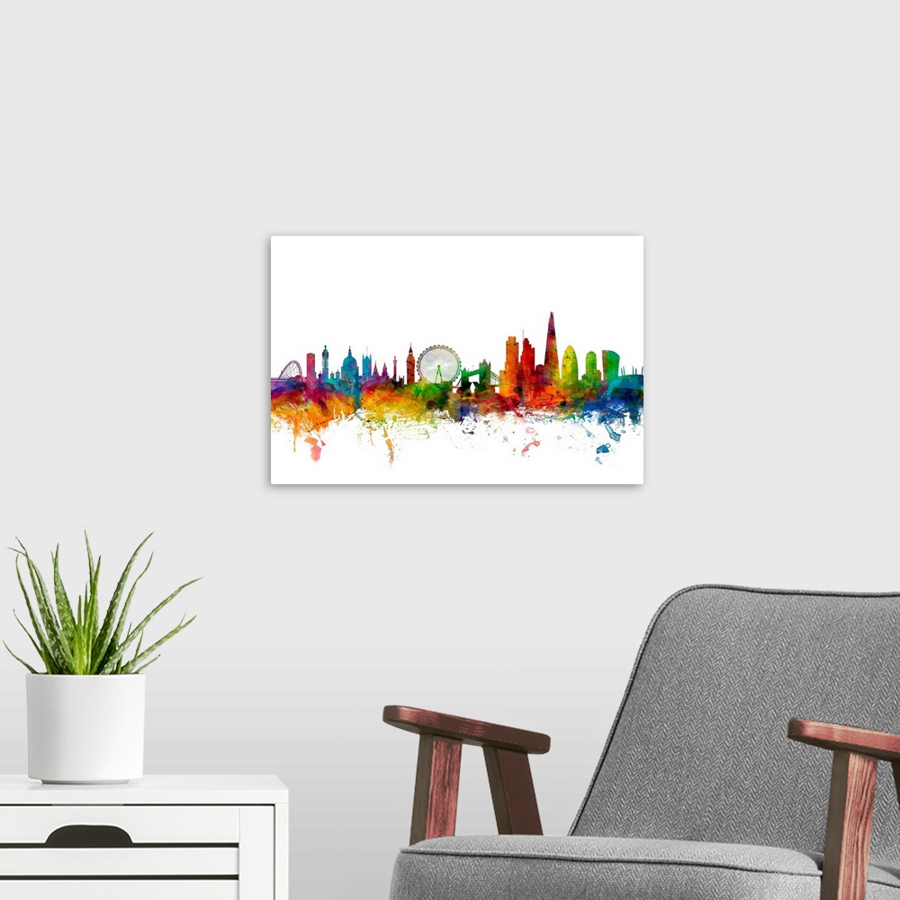A modern room featuring Contemporary piece of artwork of the London, England skyline made of colorful paint splashes.