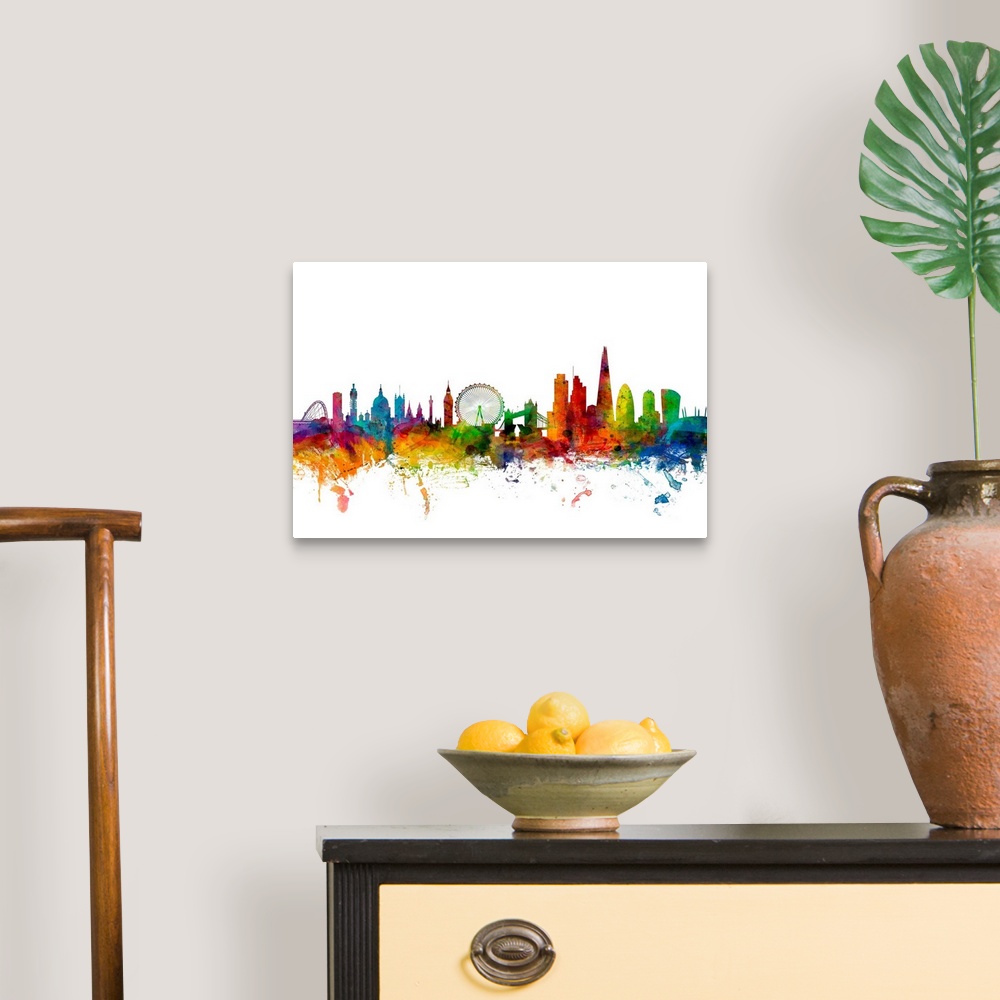 A traditional room featuring Contemporary piece of artwork of the London, England skyline made of colorful paint splashes.