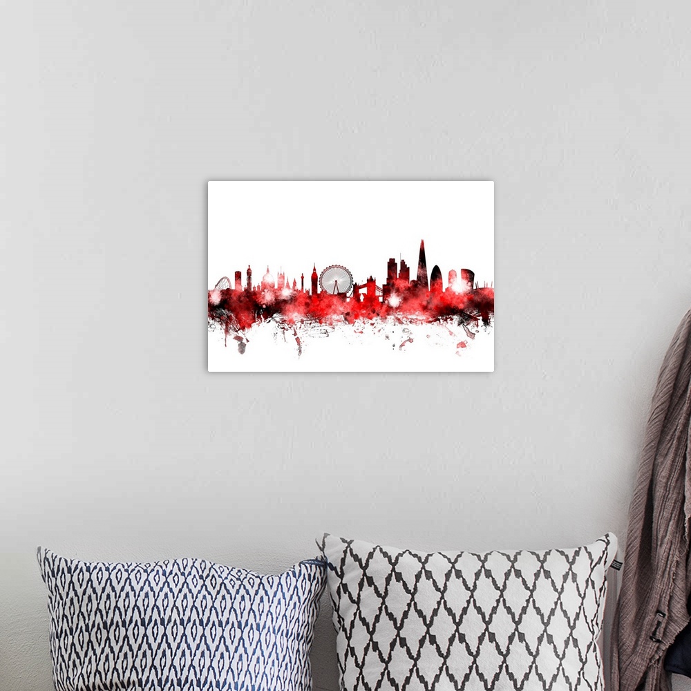 A bohemian room featuring Contemporary piece of artwork of the London skyline made of colorful paint splashes.