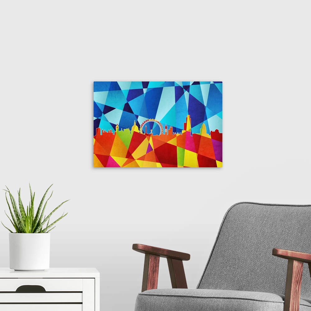 A modern room featuring Contemporary artwork of a geometric and prismatic skyline of London.