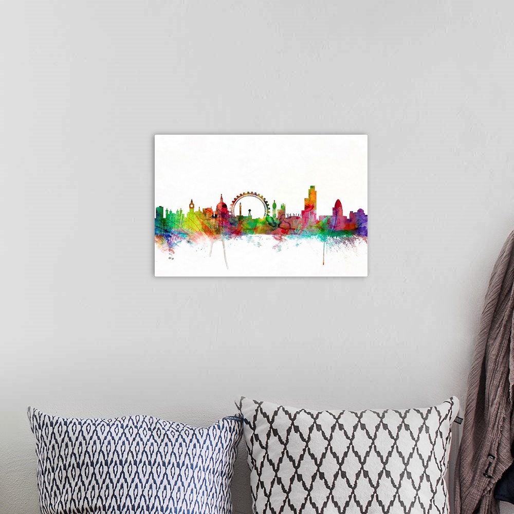 A bohemian room featuring Contemporary piece of artwork of the London skyline made of colorful paint splashes.