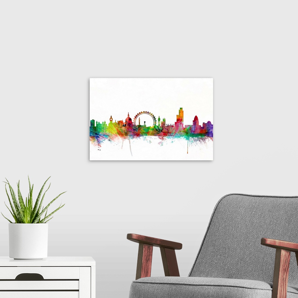 A modern room featuring Contemporary piece of artwork of the London skyline made of colorful paint splashes.
