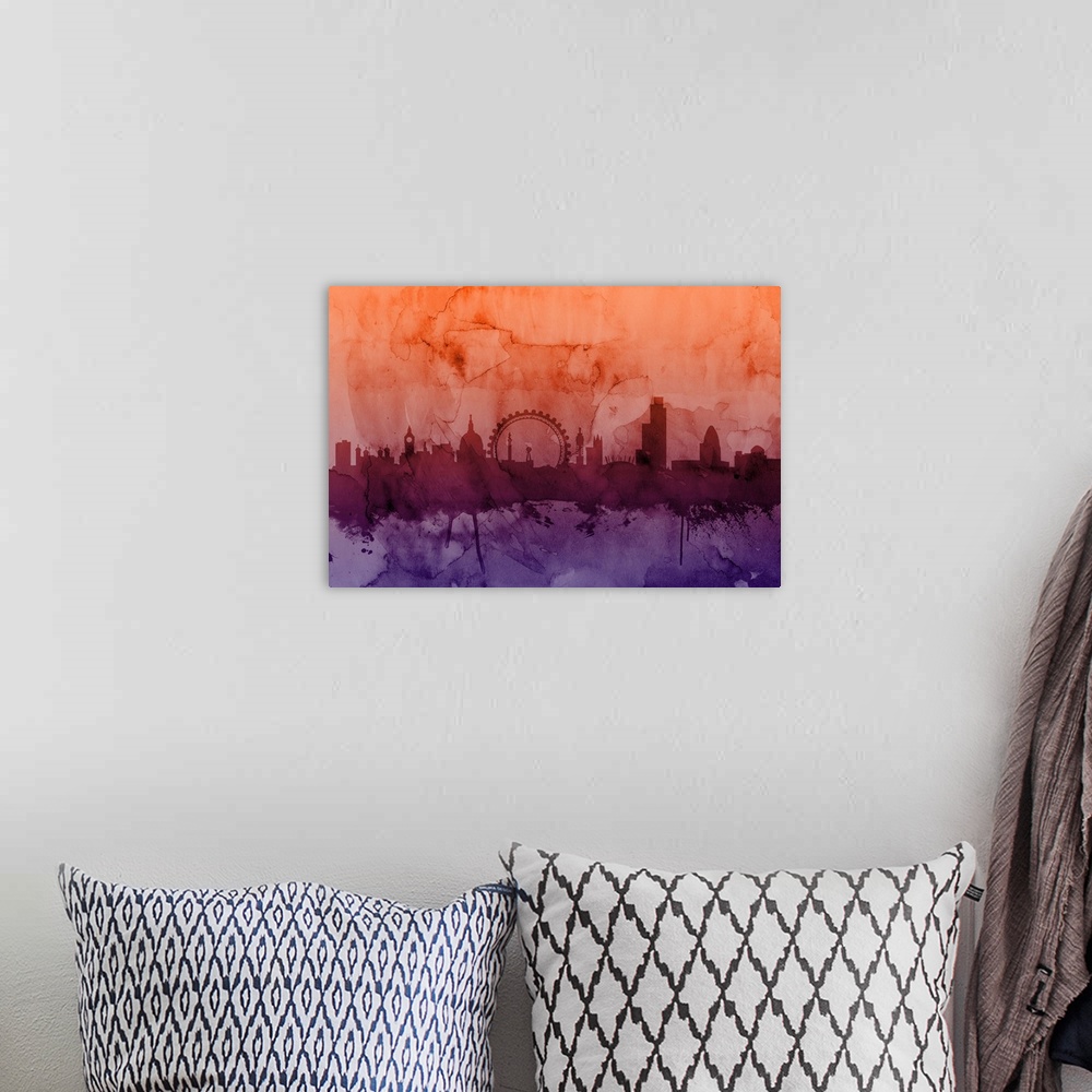 A bohemian room featuring Contemporary artwork of the London skyline silhouetted in dark orange and purple watercolors.