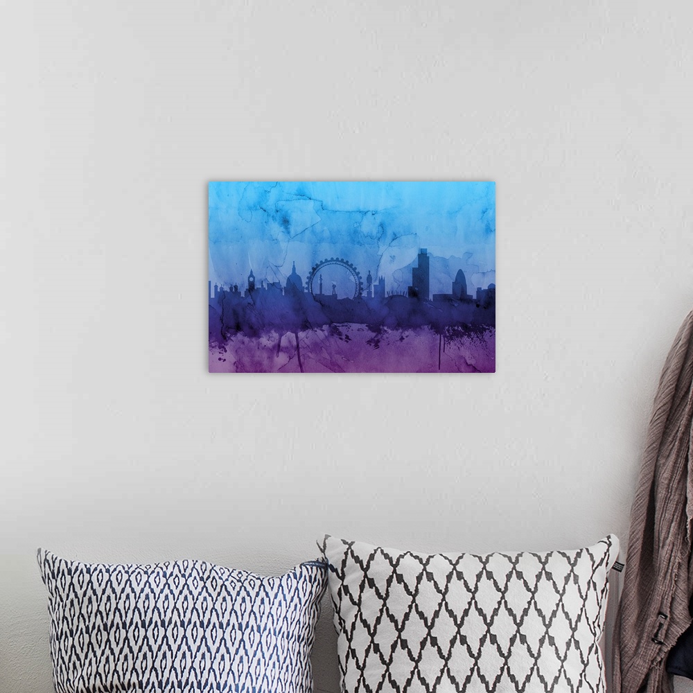 A bohemian room featuring Contemporary artwork of the London skyline silhouetted in dark blue and purple watercolors.