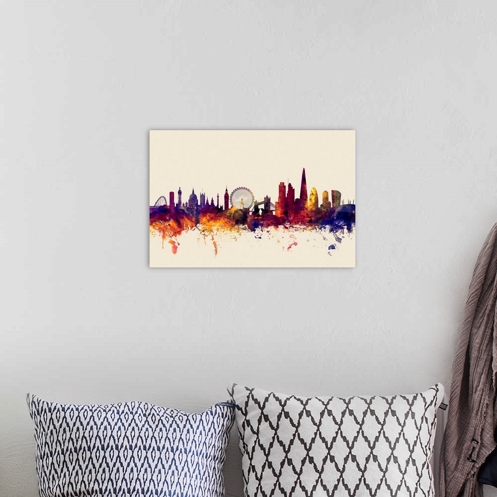 A bohemian room featuring Watercolor artwork of the London skyline against a beige background.