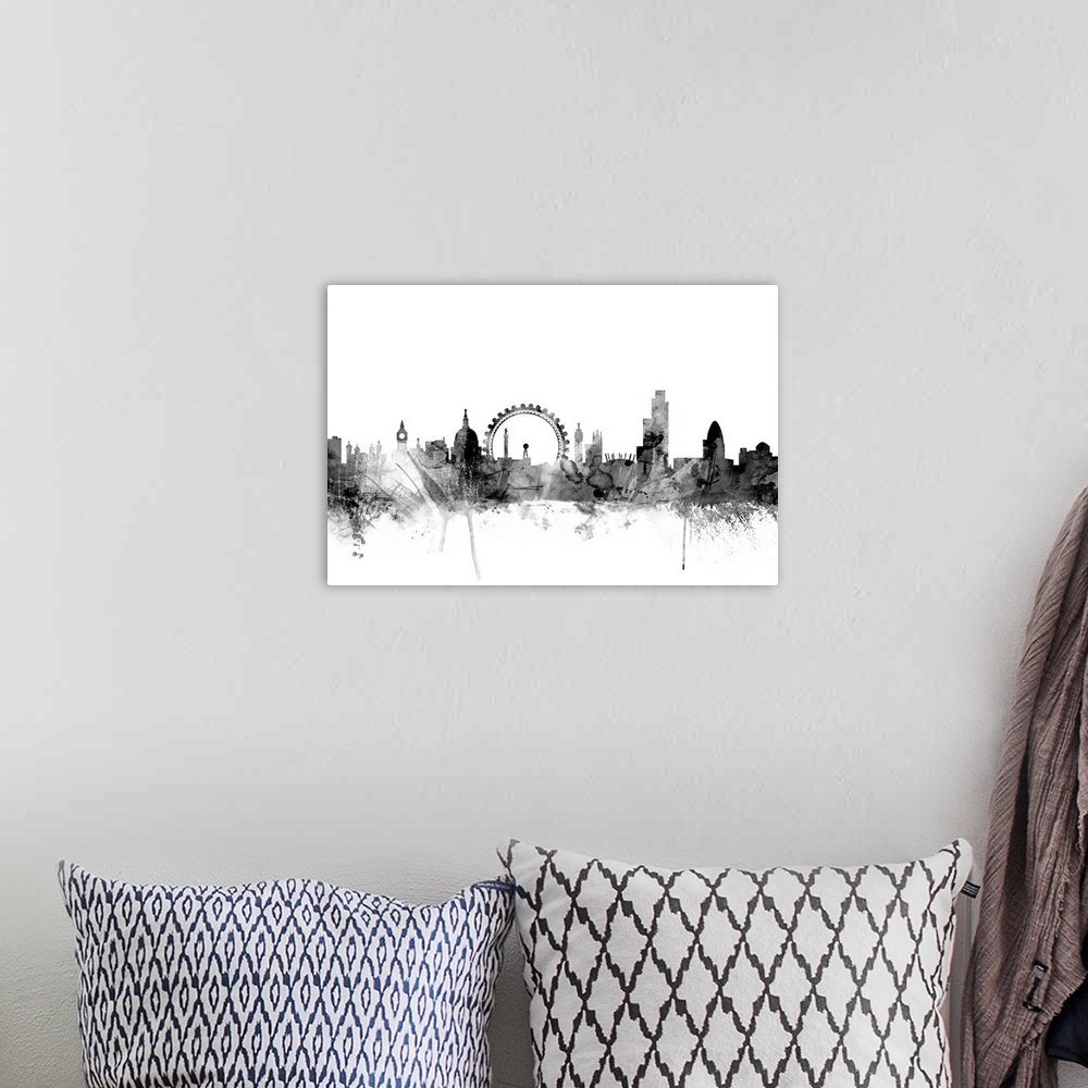 A bohemian room featuring Contemporary artwork of the London city skyline in black watercolor paint splashes.