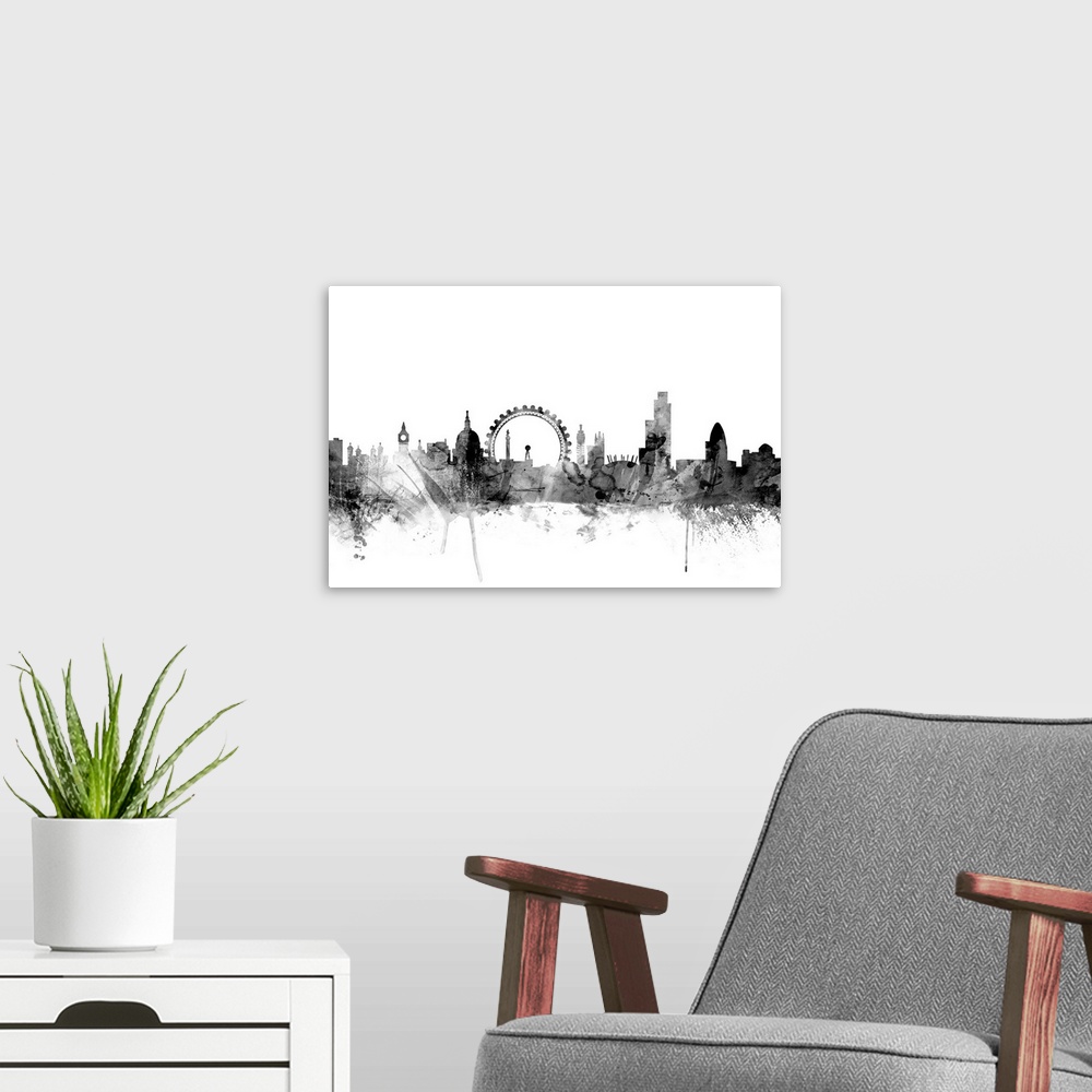 A modern room featuring Contemporary artwork of the London city skyline in black watercolor paint splashes.