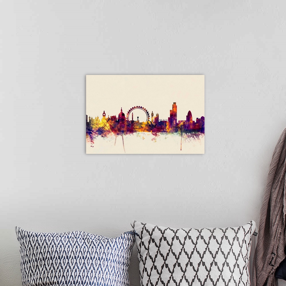 A bohemian room featuring Contemporary artwork of the London city skyline in watercolor paint splashes.
