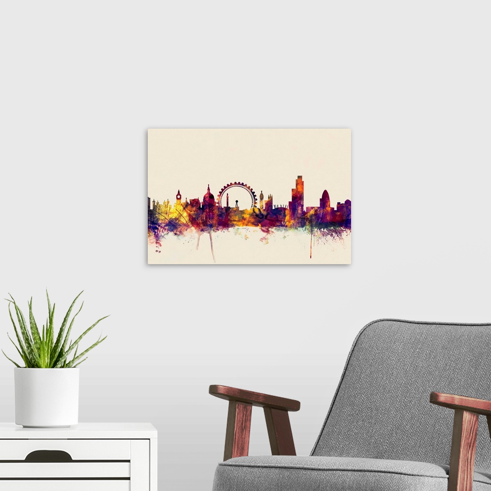 A modern room featuring Contemporary artwork of the London city skyline in watercolor paint splashes.