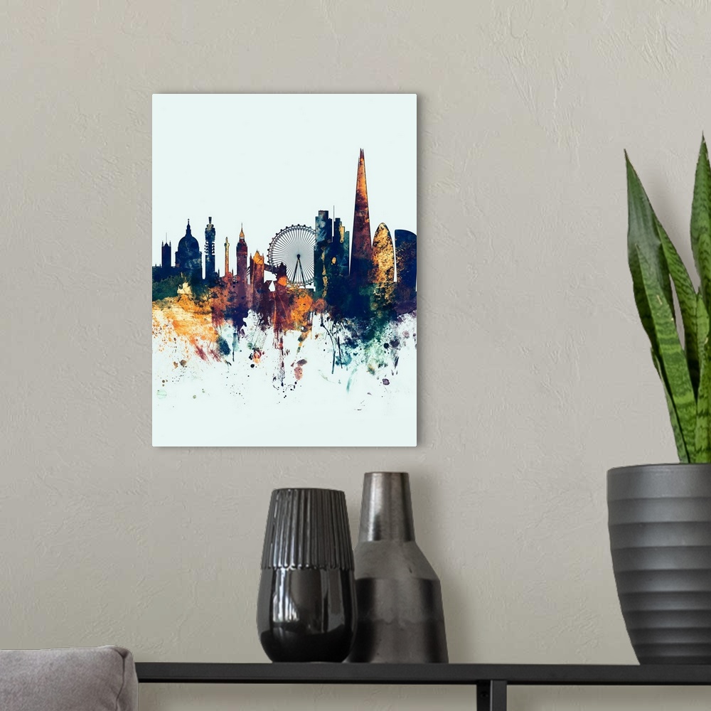 A modern room featuring Dark watercolor silhouette of the London city skyline against a light blue background.