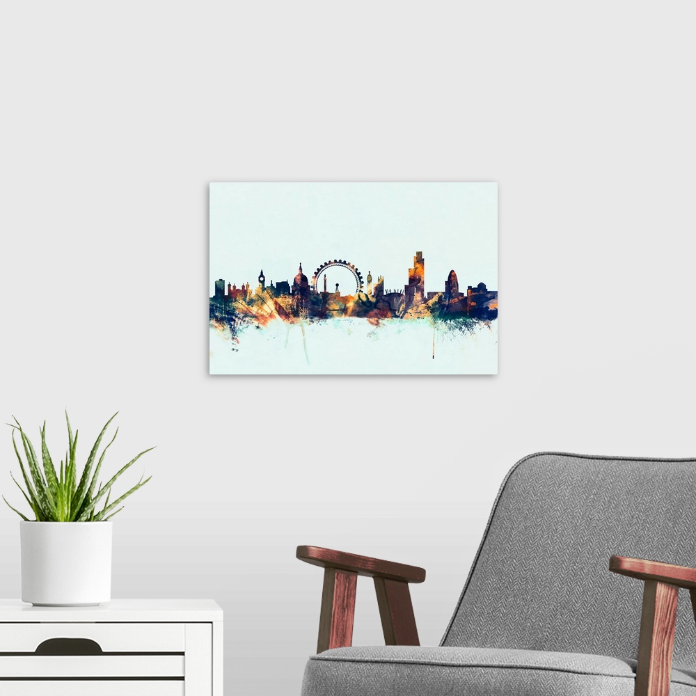 A modern room featuring Dark watercolor silhouette of the London city skyline against a light blue background.