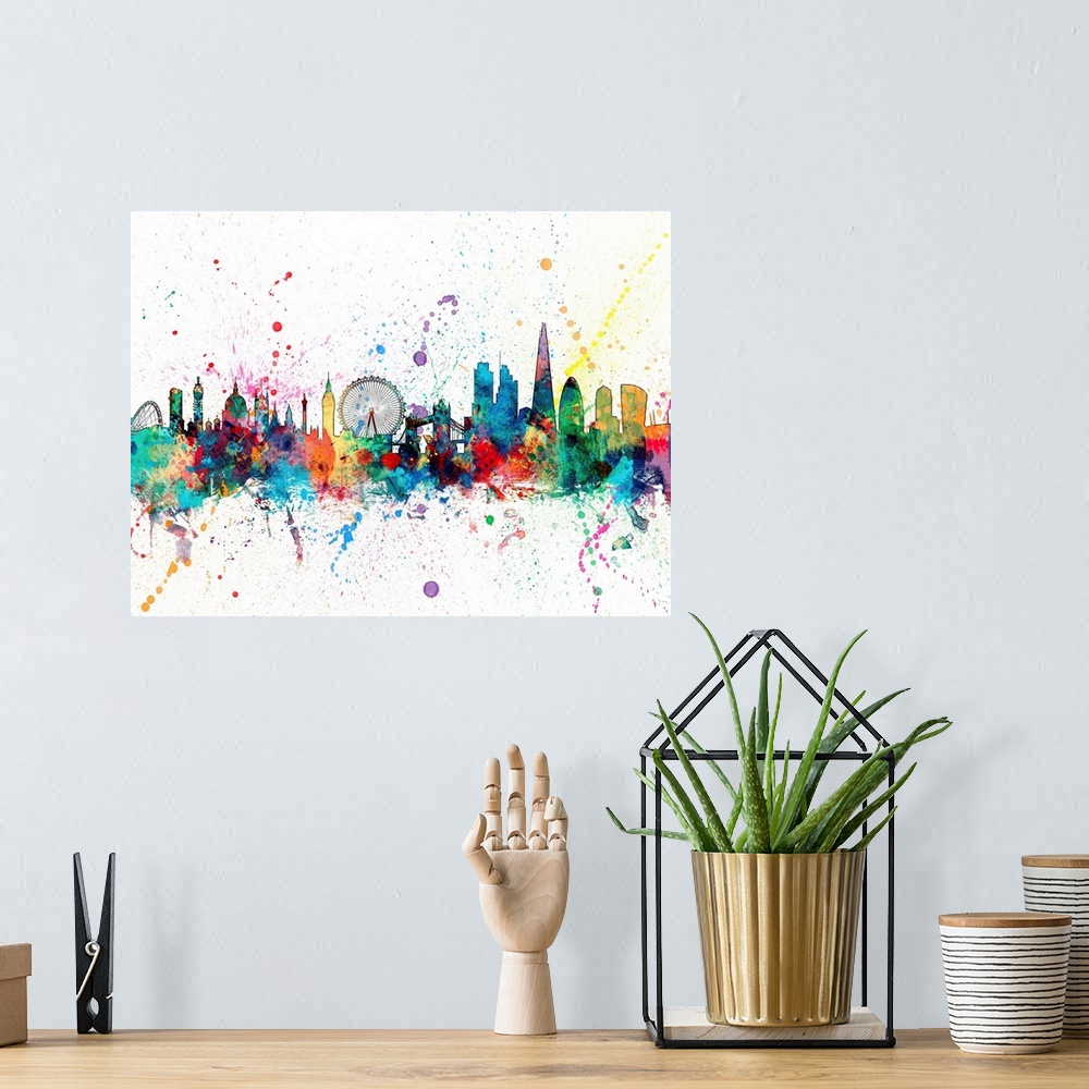 A bohemian room featuring Wild and vibrant paint splatter silhouette of the London skyline.