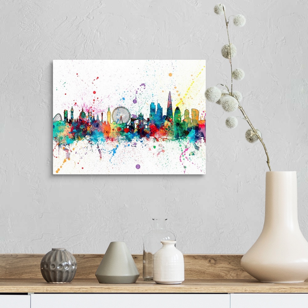 A farmhouse room featuring Wild and vibrant paint splatter silhouette of the London skyline.