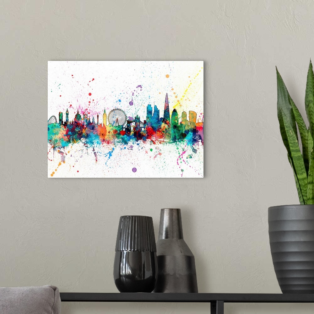 A modern room featuring Wild and vibrant paint splatter silhouette of the London skyline.