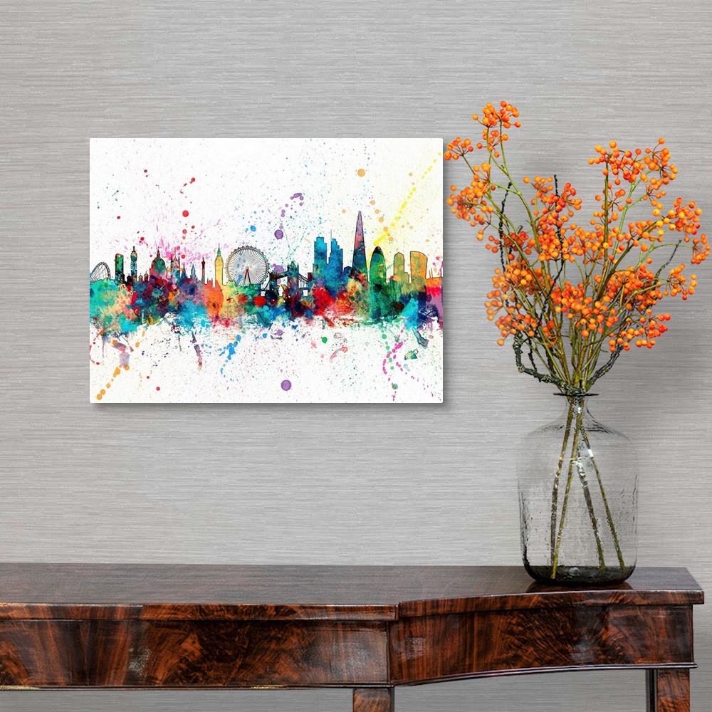 A traditional room featuring Wild and vibrant paint splatter silhouette of the London skyline.