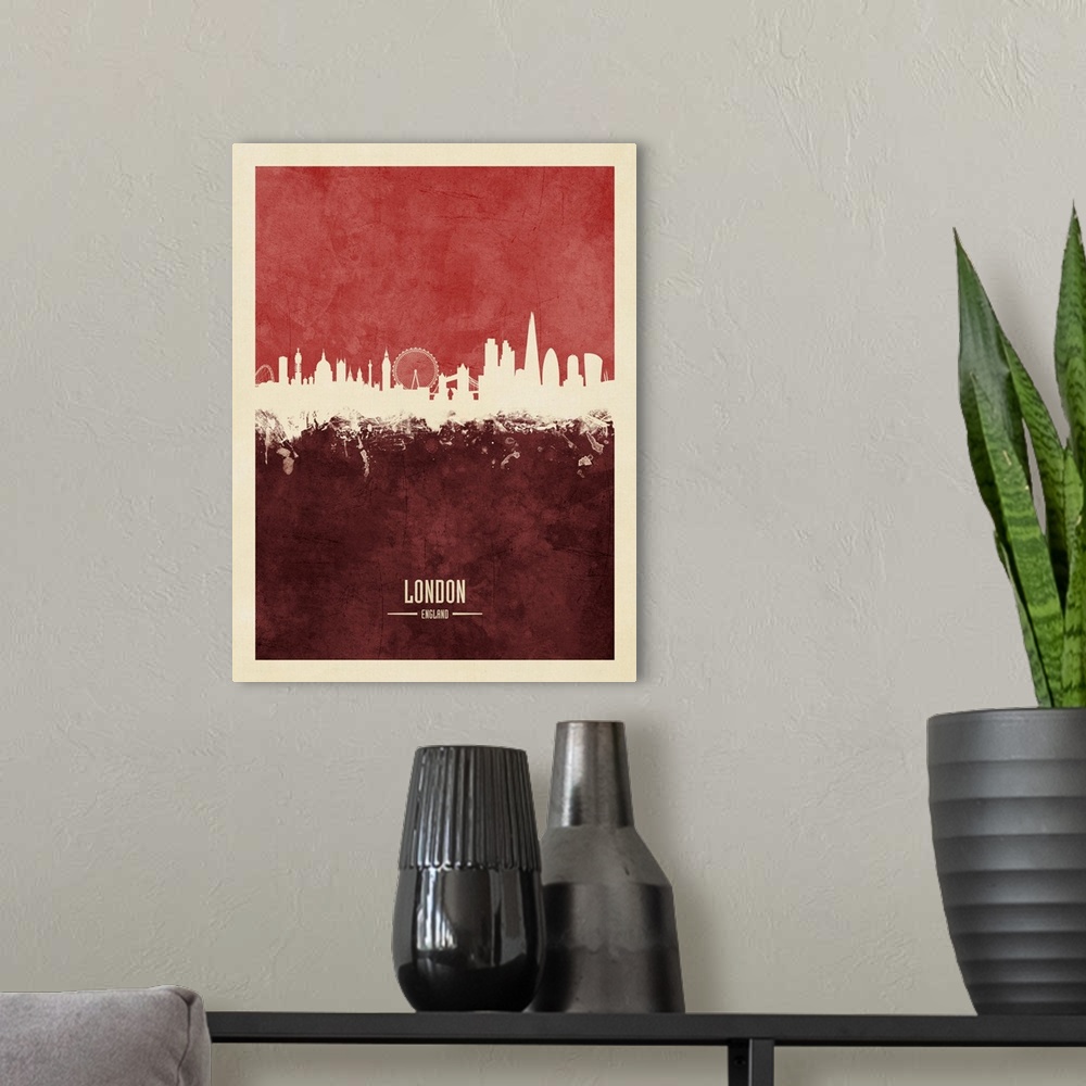 A modern room featuring Watercolor art print of the skyline of the City of London, England.