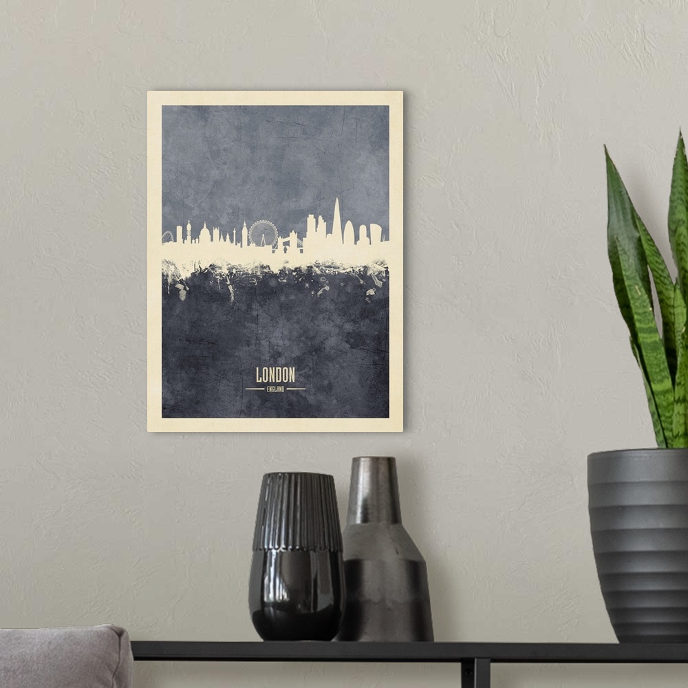 A modern room featuring Watercolor art print of the skyline of the City of London, England.