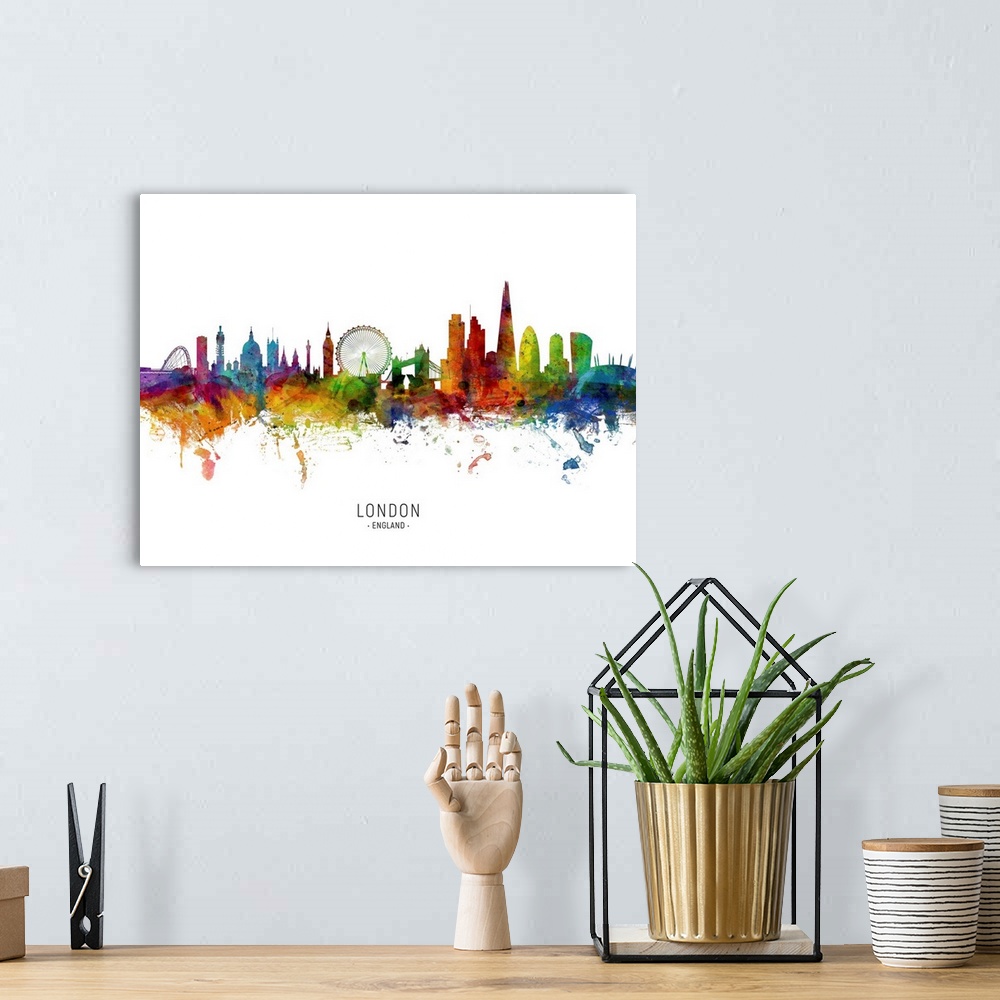 A bohemian room featuring Watercolor art print of the skyline of the City of London, England.
