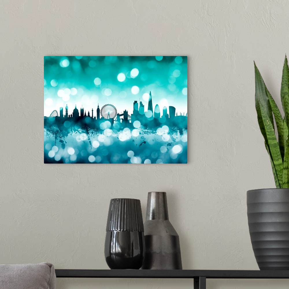 A modern room featuring Skyline of the City of London, England.