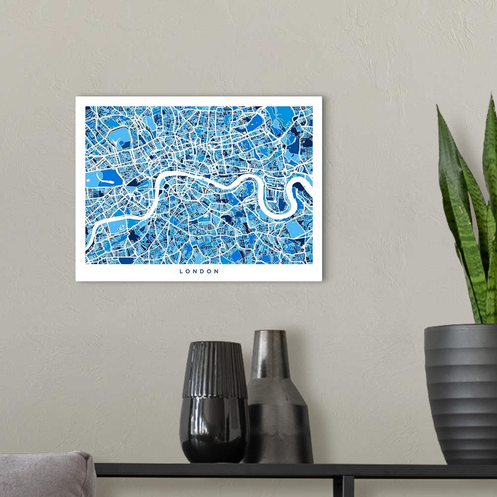 A modern room featuring Contemporary artwork of a map of the city streets of London in blue tones.