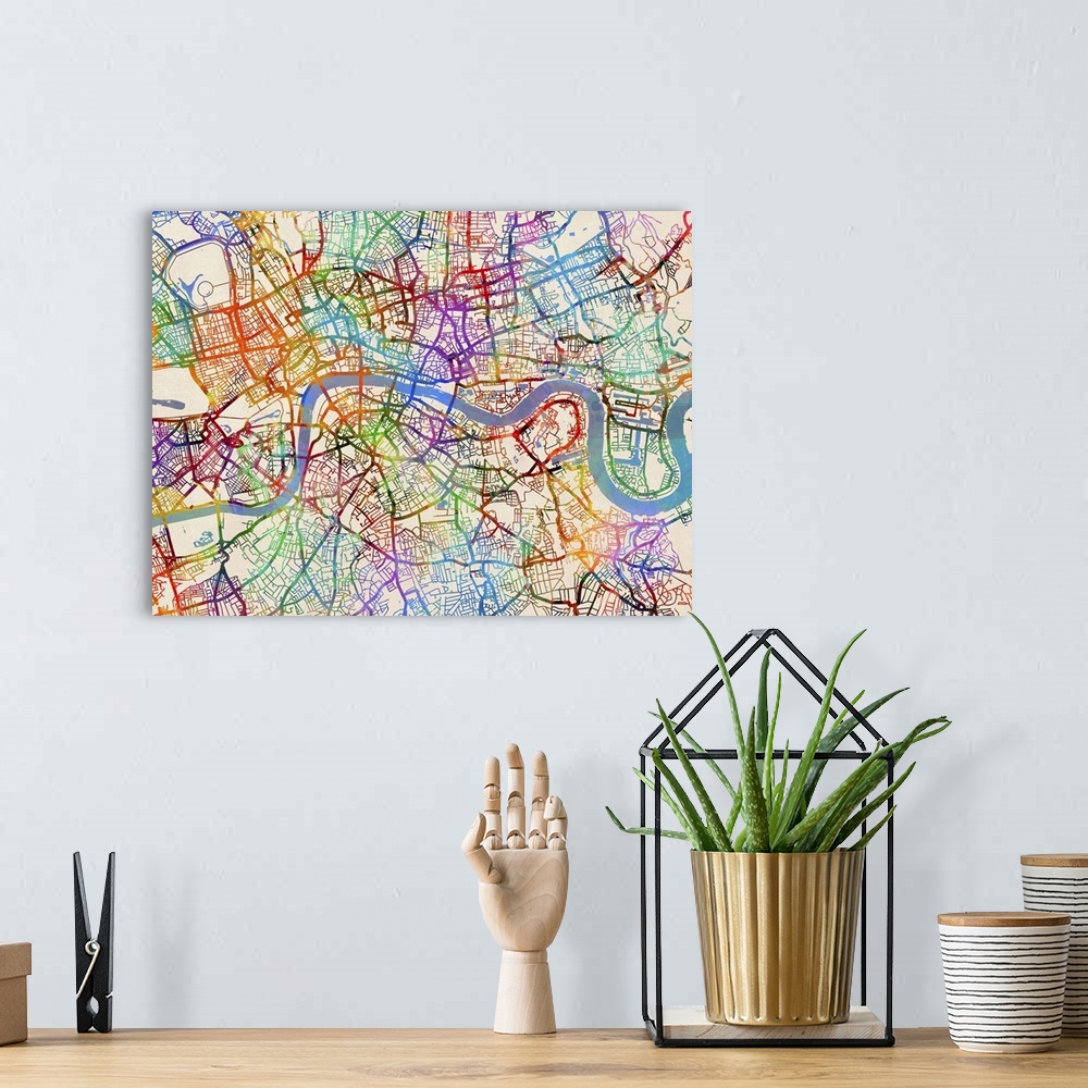 A bohemian room featuring Contemporary colorful city street map of London.