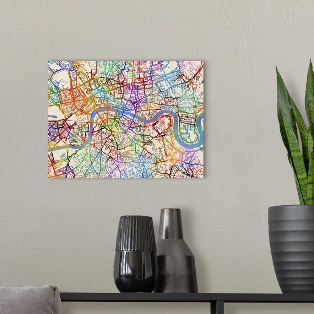A modern room featuring Contemporary colorful city street map of London.