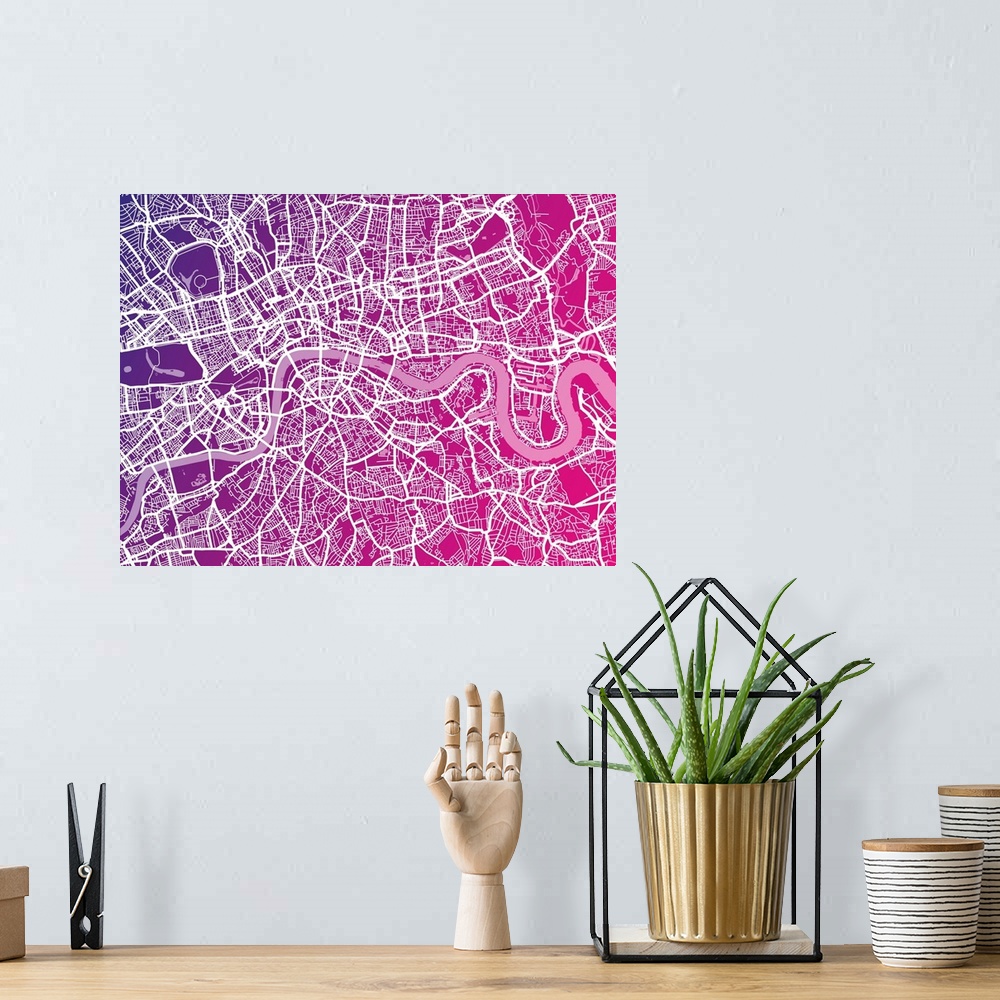 A bohemian room featuring Contemporary artwork of a map of the city streets of London in bright purple and pink.