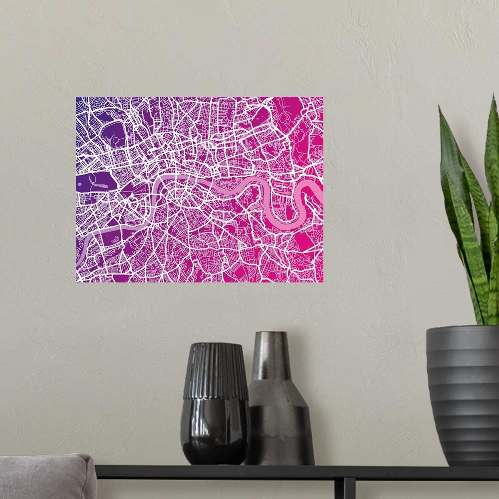 A modern room featuring Contemporary artwork of a map of the city streets of London in bright purple and pink.