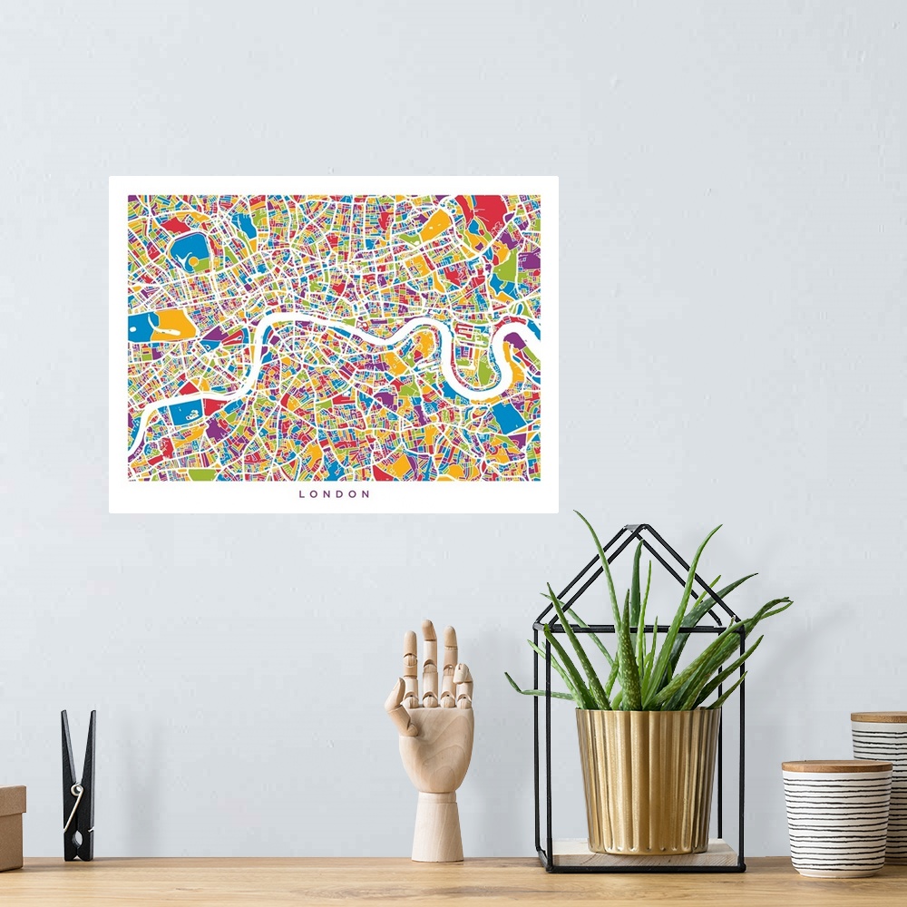 A bohemian room featuring London England Street Map, Colorful