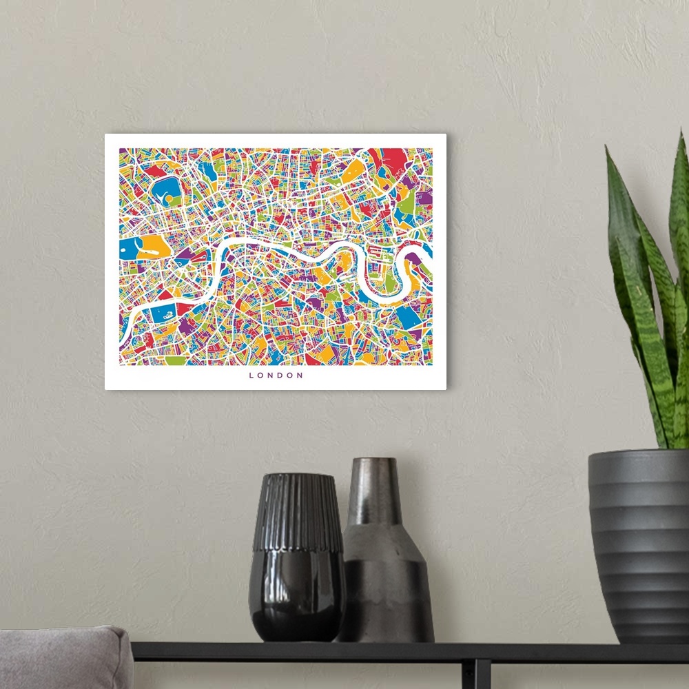 A modern room featuring London England Street Map, Colorful