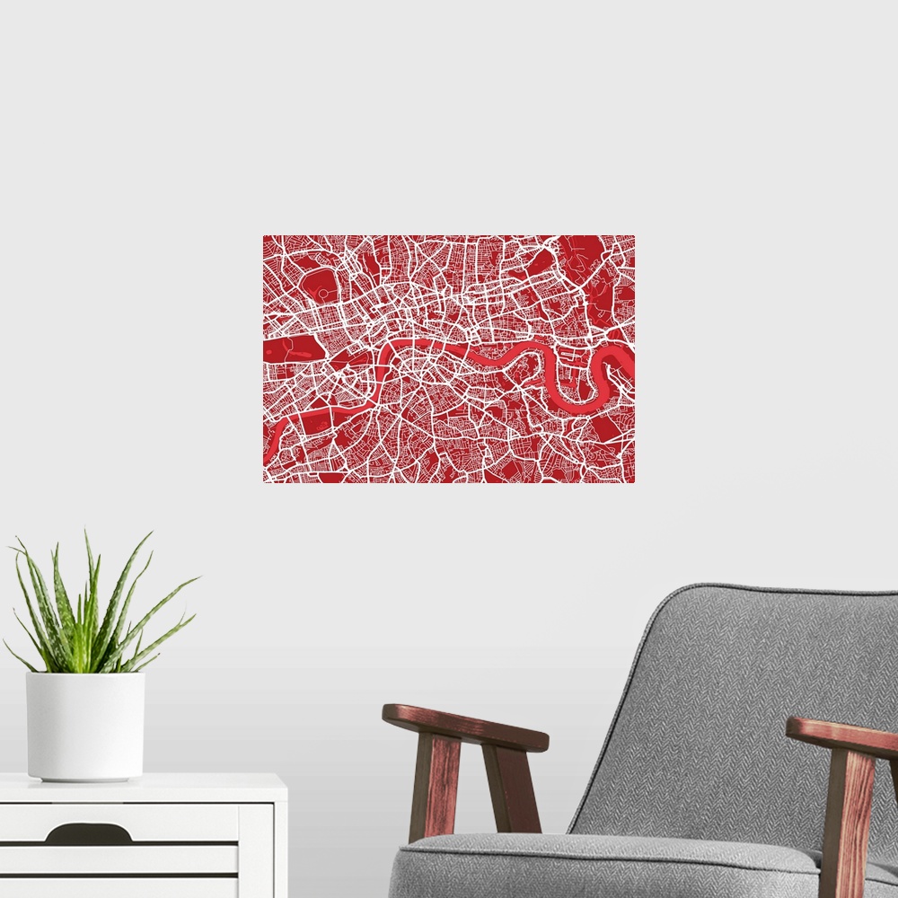 A modern room featuring Contemporary artwork of an illustrated map of London showing the network of roads, streets and wa...