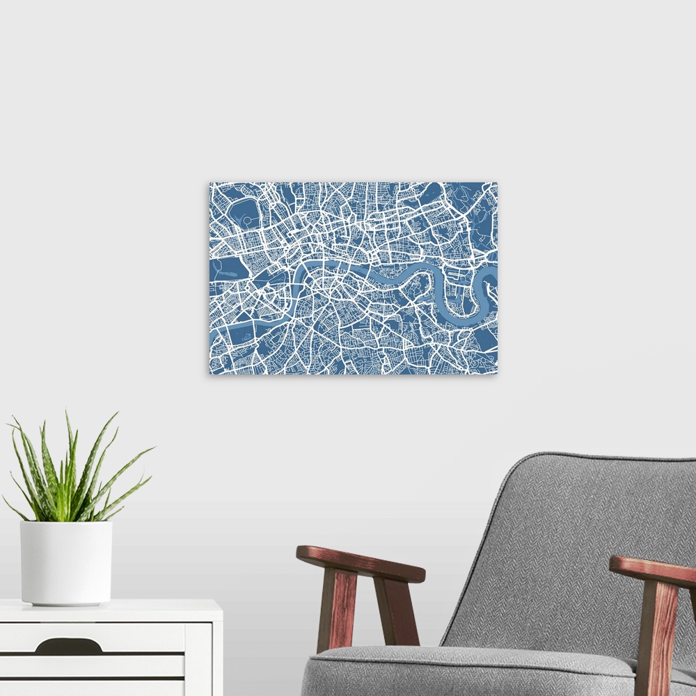 A modern room featuring A big map of London showing the network of roads, streets and waterways on canvas.