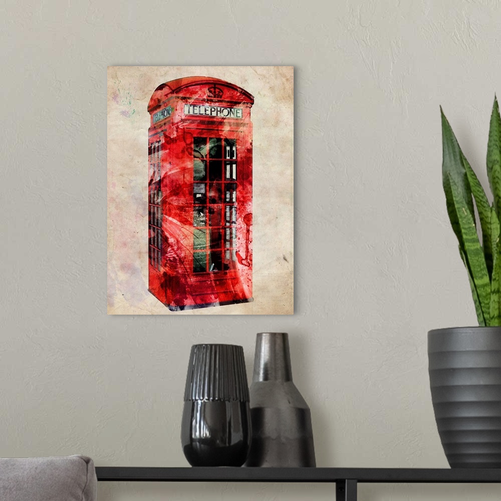 A modern room featuring A contemporary art piece of an old fashioned London phone booth that appears faded.