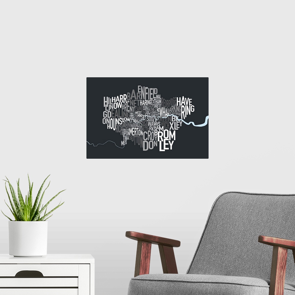 A modern room featuring A typographic map of the Boroughs of London, United Kingdom, in shades of grey on a charcoal grey...