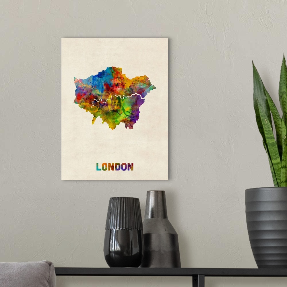 A modern room featuring A watercolor map of London