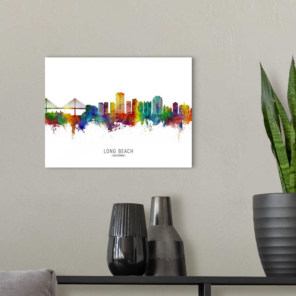 A modern room featuring Watercolor art print of the skyline of Long Beach, California