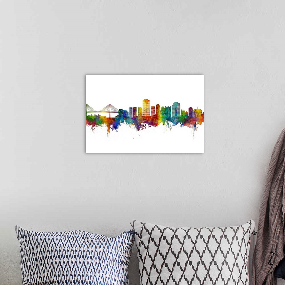 A bohemian room featuring Watercolor art print of the skyline of Long Beach, California
